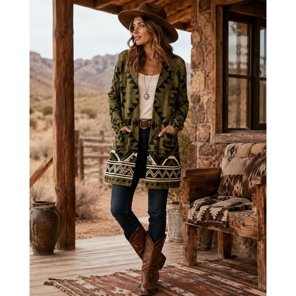Frye Womens Southwestern Geometric Open Front Cardigan Olive Green Size S - Picture 2 of 12